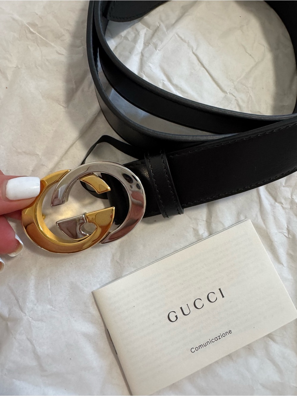 NEW Gucci Interlocking G Black Leather Belt Gold Silver Buckle Style 574807